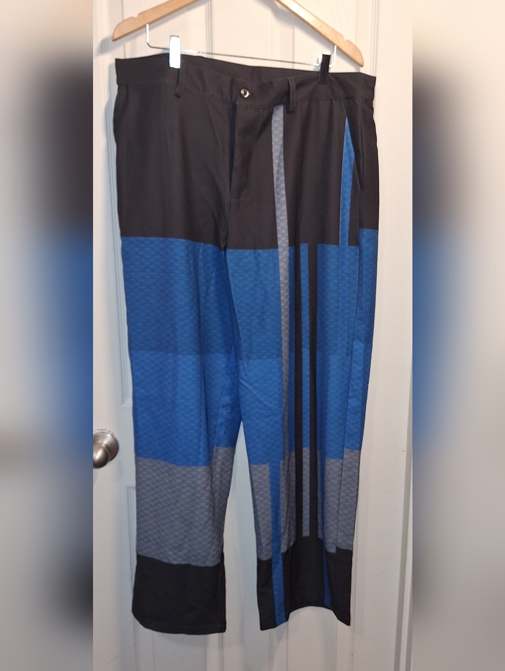 Mens OUKU Black and Blue Large Stripe Pants NWT
